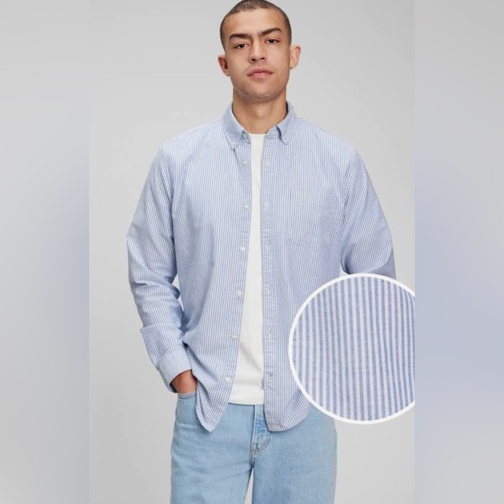 Bestall Mens Long Sleeve Cotton White/ Blue Striped Dress Shirt, Size L/16.5